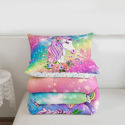 Unicorn Gifts for Girls,Kawaii Comforter Set Glitter Galaxy Bedding Set for Kids Toddler,Cartoon Magical Animal Duvet Insert Cute Horse Quilt Twin,Rainbow Unicorn Room Decor for Girls Bedroom