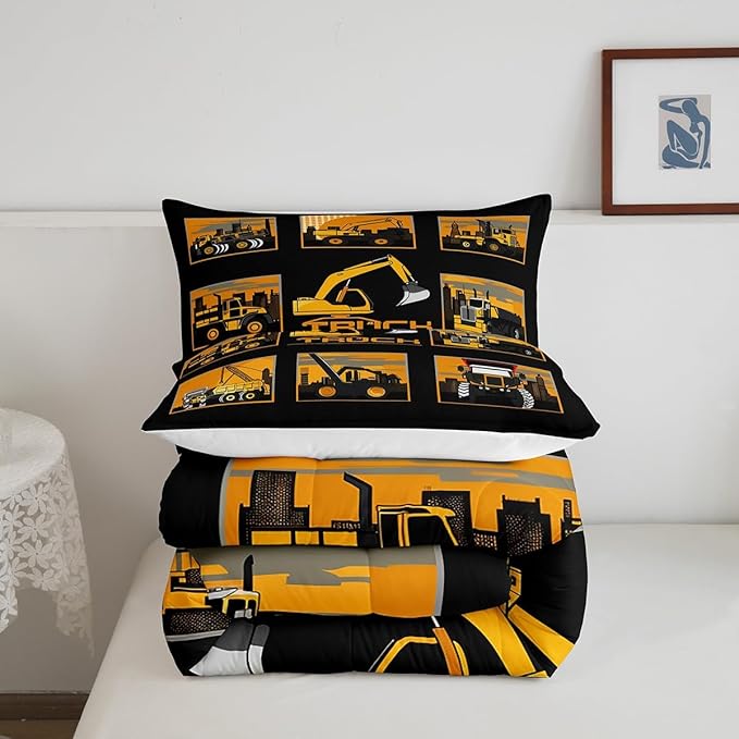 Erosebridal Excavator Comforter Set King Tractor Truck Bedding Set Construction Vehicle Down Comforter for Boys Kids Girls Teens Cartoon Heavy Machinery Car Bedding Sets & Collections, Gray Yellow