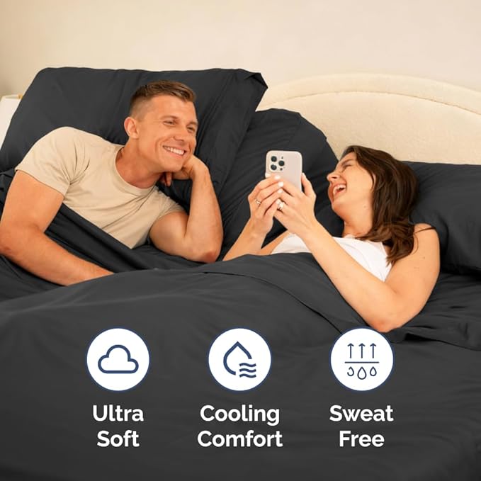 Flex Top Split Head King 4 Piece Sheet Set - Comfy Breathable & Cooling Bed Sheets Set - Hotel Luxury Bedding for Women, Men, Kids, Teens, Boys & Girls - Deep Pockets, Ultra-Soft - Oeko-Tex - Black