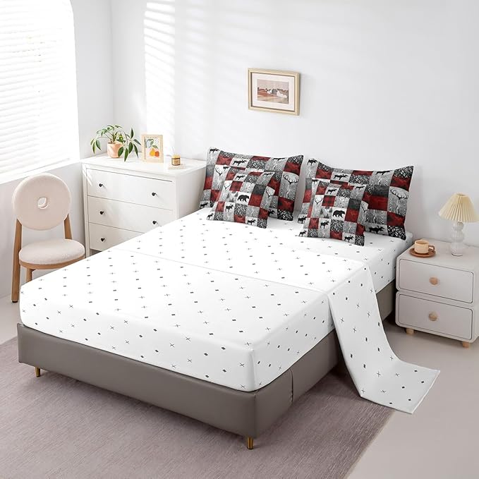 Erosebridal 7 Pcs Rustic Bear Comforter Set Twin Size,Hunting Animal Bed in a Bag with Flat Sheet and Fitted Sheet for Kids and Adults,Camping Patchwork Bedding Set with Pillowcases and Cushion Cases