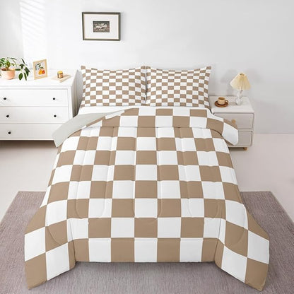 Feelyou Checkered Bedding Set for Boys Girls Brown Plaid Comforter Set Toddler Size Vintage Checkerboard Geometric Duvet Quilt Reversible Grey Bedroom Decor 2 Pcs with 1 Pillow Cases