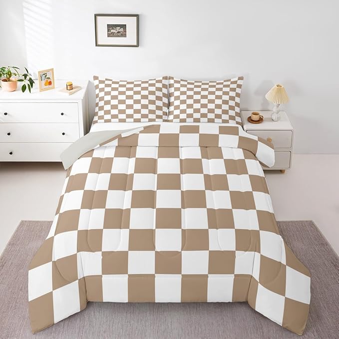 Feelyou Checkered Bedding Set for Boys Girls Brown Plaid Comforter Set Queen Size Vintage Checkerboard Geometric Duvet Quilt Reversible Grey Bedroom Decor 3 Pcs with 2 Pillow Cases