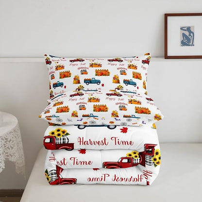 Happy Fall Bedding Set For Kids Full Plaid Pumpkin Truck Comforter Set Thanksgiving Harvest Season Bedding Comforter Sets Autumn Sunflower Harvest Time Quilt Duvet Red Blue Orange 2 Pillow Cases
