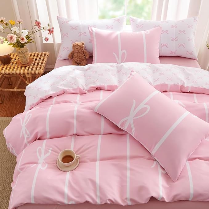 Pink Comforter Set Queen 3 Pieces Pink Bow Bedding Set for Girls Kids, 100% Microfiber, Cute Coquette Bowknot Comforter with 2 Pillowcases, Soft Lightweight, Pink White