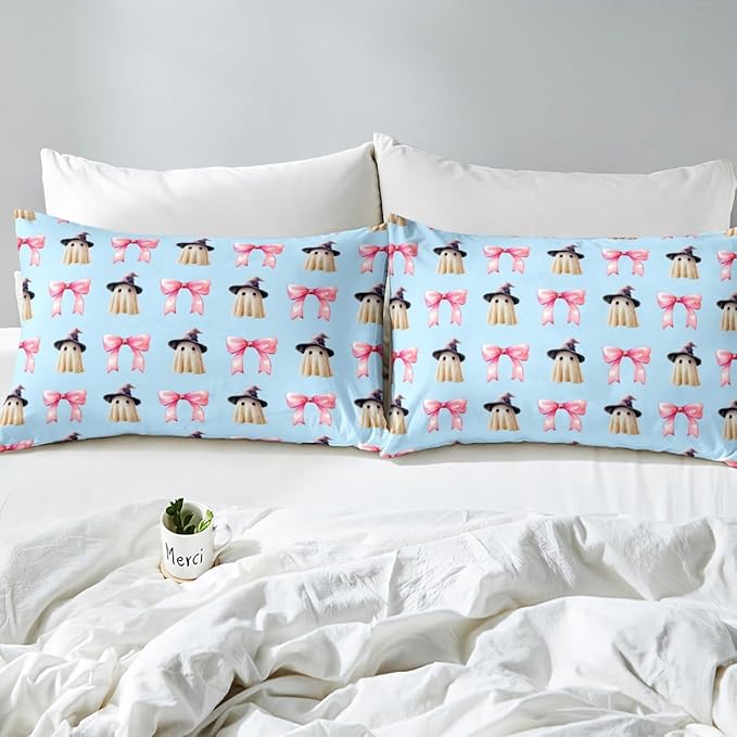 Erosebridal Halloween Ghost Bedding Set Toddler, Ghost with Wizard Hat Pink Bow Comforter Set, Cute Blue Spooky Comforter for Kid Boys Girls Teens Women Kawaii Room Decor, Halloween Decorations Quilt
