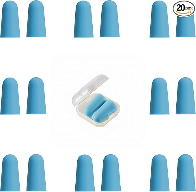 20 Pairs Blue Reusable Ear Plugs, 32dB NRR Noise Reduction, Washable Slow-Rebound Foam Earplugs for Sleeping, Snoring, Work, Concerts, Travel
