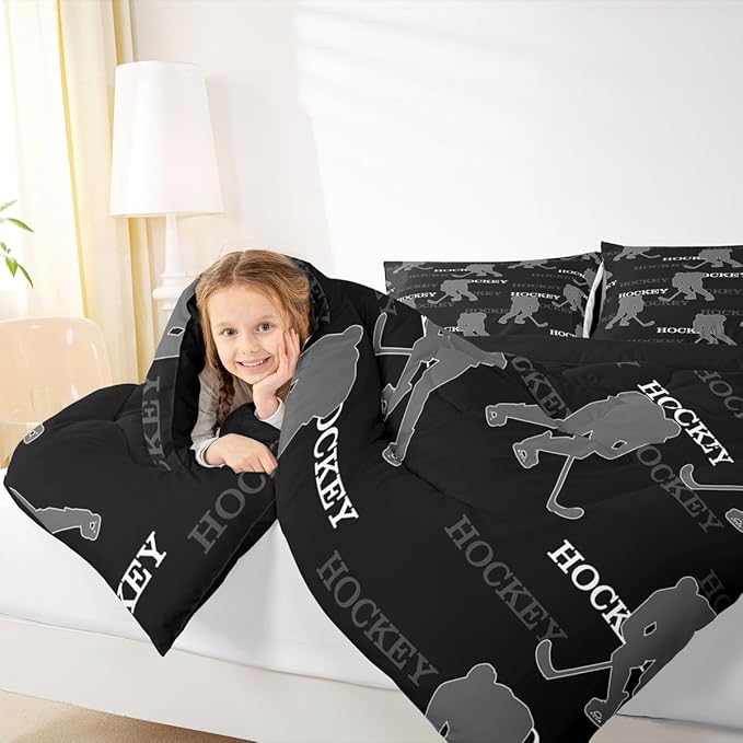 Manfei Ice Hockey Kids Comforter Set Twin Size, Bedding Set Boys Girls Room Decor,Winter Sports Modern Quilt Comforter,Black Gray Duvet Set Bedroom Quilt Set,1 Pillowcase