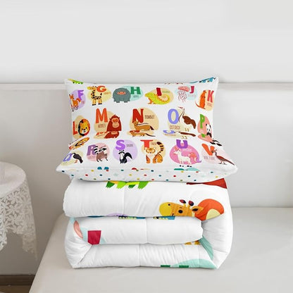 Alphabet Bedding Set for Kids Room Decor Cute Cartoon English Alphabet Comforter Set for Child Boys Girls,Animal ABC Fish Pattern Duvet Insert Ocean Sealife 26 Letters Bedroom Decor Twin Size