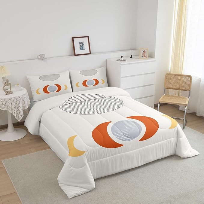 Erosebridal Mid Century Comforter Set Queen Abstract Moon Bedding Set, Striped Down Comforter White Aesthetic Bed Set, Retro Minimalism Quilted Duvet Modern Art Bedroom Decor Ultra Soft 3pcs