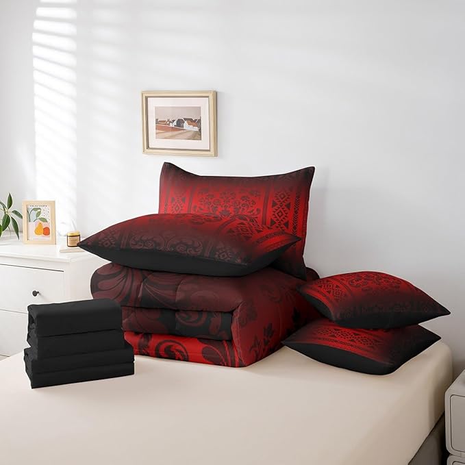 Comforter Set Full Size, Flame Red Aztec Damask 7 Pcs Bedding for Kids and Adults, Victorian Decor Western Baroque Goth Bed Sheet Sets with Fitted Sheet 2 Pillowcases & 2 Shams for Bedroom Bed Decor