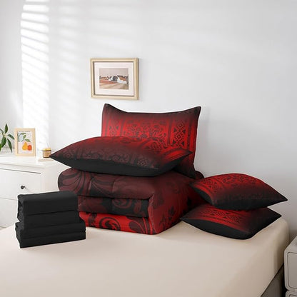 Comforter Set Full Size, Flame Red Aztec Damask 7 Pcs Bedding for Kids and Adults, Victorian Decor Western Baroque Goth Bed Sheet Sets with Fitted Sheet 2 Pillowcases & 2 Shams for Bedroom Bed Decor