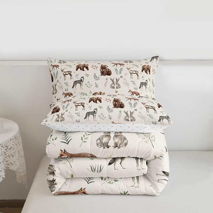 Erosebridal Woodland Animals Comforter Set Queen Size Bear Deer Hunting Theme Bedding Set for Kids Child Bedroom | Cartoon Rabbit Wolf Fox Wildlife Duvet Insert Rustic Cabin Lodge Decor Quilt