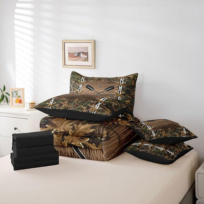 Rustic Full Size Bed Sheets and Comforter Set | Botanical Leaves Lake 7 Piece Bedding Set Mens Hunting Bed in a Bag, Farmhouse Woodland Animals Room Decor,Camo Cabin Country Decor Camo Bed Set
