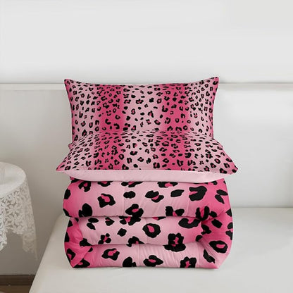 Erosebridal Pink Leopard Queen Comforter Set for Kids Teens Adults,African Cheetah Print Bedding Set,Farmhouse Rustic Duvet Insert,Pink Gradient Bed Set for All Season