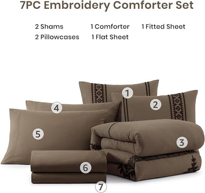 MaiRêve Embroidery Queen Size Comforter Set Taupe Grey, Boho Farmhouse Western Bedding Set 7 Pieces, All Season Bed in A Bag Comforter Set with Sheets, Pillowcases & Shams