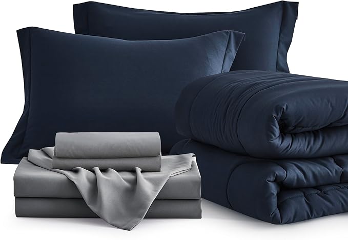 Maple&Stone Oversized Queen Comforter Sets 7 Pieces Bed in a Bag - Down Alternative Bed Set with Comforter, Sheets, Pillowcases & Shams, All Season Lightweight Bedding Set (Navy,98x98)