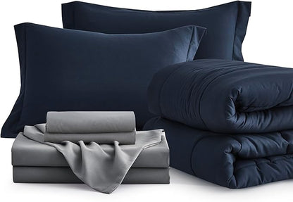 Maple&Stone Full Size Comforter Set 7 Pieces Bed in a Bag - Down Alternative Bed Set with Sheets, Pillowcases & Shams, Soft Reversible Duvet Insert, Navy