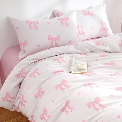 Bow Comforter Set Full 3 Pieces Light Pink Heart Bedding Set for Girls Kids,Cute Princess Style Bedding, Super Soft Microfiber Comforter with 2 Pillowcases