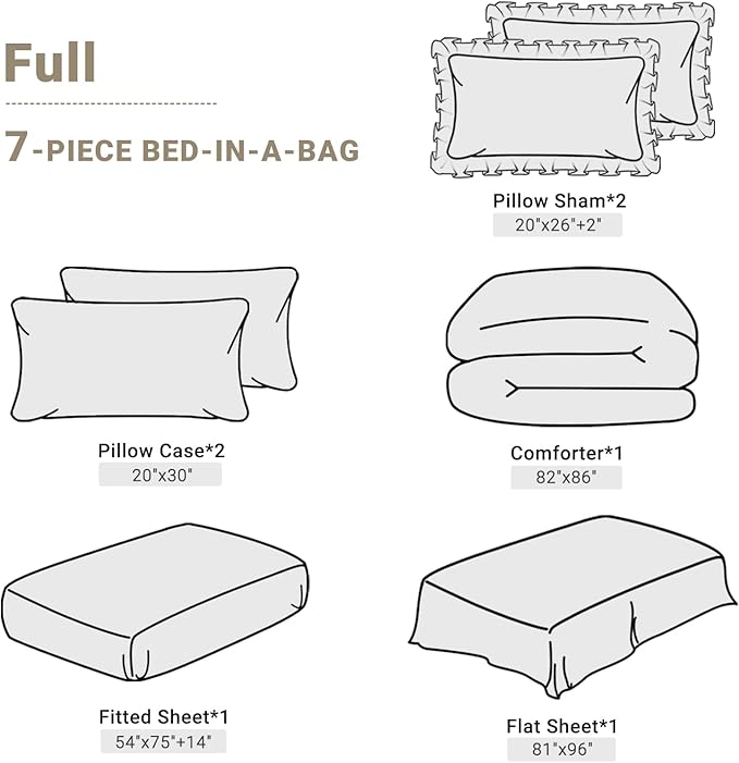 JOLLYVOGUE Beige Full Size Comforter Sets 7 Pieces, Pintuck Bed in a Bag Comforter Set for Bedroom, Bedding Comforter Sets with Comforter, Sheets,Ruffled Shams & Pillowcases