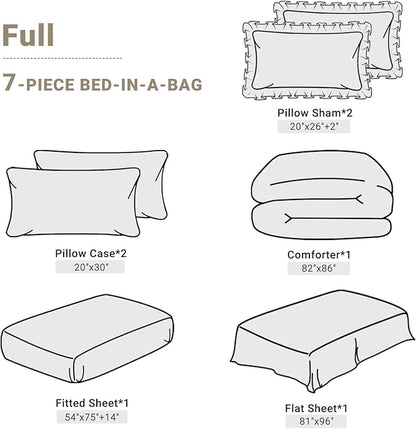 JOLLYVOGUE Beige Full Size Comforter Sets 7 Pieces, Pintuck Bed in a Bag Comforter Set for Bedroom, Bedding Comforter Sets with Comforter, Sheets,Ruffled Shams & Pillowcases
