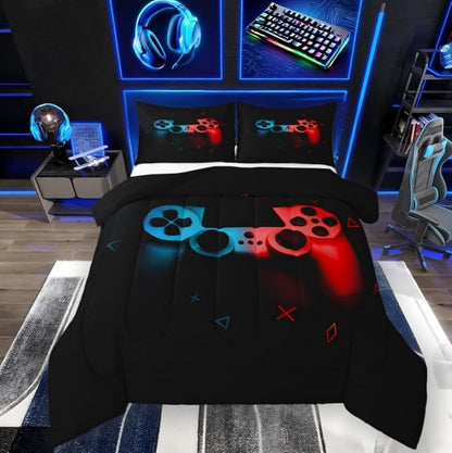 Erosebridal Gaming Comforter Set Twin Size for Boys Kids Game Room Decor Video Game Gamer Comforter Man Teens Bedroom Gamepad Bedding Set All Season,Black Blue Red