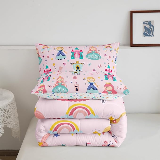 Erosebridal Kids Pink Princess Comforter Set Dreamy Fairy Tales Castle Girls Queen Bedding Set Cartoon Rainbow Down Comforter for Teen Women Bedroom Decor,Magical Carriage Princess Bed Set