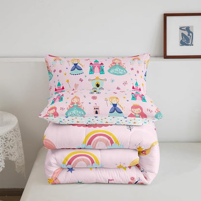 Erosebridal Kids Pink Princess Comforter Set Dreamy Fairy Tales Castle Girls Full Bedding Set Cartoon Rainbow Down Comforter for Teen Women Bedroom Decor,Magical Carriage Princess Bed Set