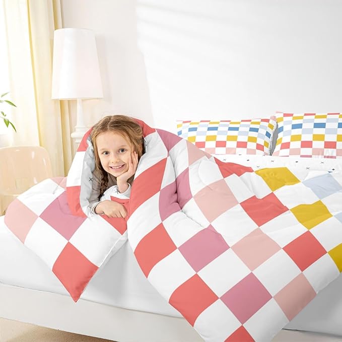 Feelyou Multicolored Checkered Retro Kids Comforter Set King Size Geometric Cute Bedding Set Colorful Duvet Quilt for Kids Boys Girls Bedroom Modern Groovy Aesthetic Decor