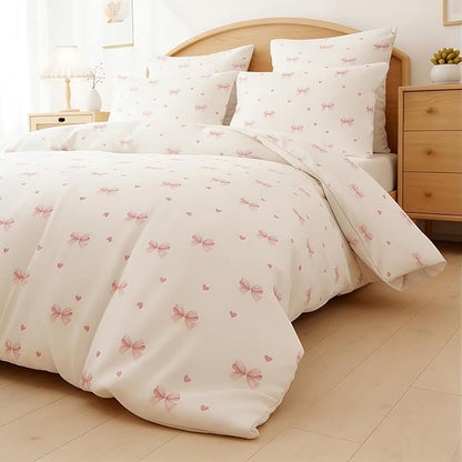 Nayoroom Pink Bow Comforter Set Full Size Coquette Pink Heart Comforter 3 Pieces Soft Lightweight Kids Girls Cute Aesthetic Dorm Bedding Set for All Seasons