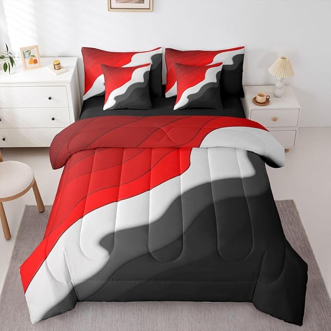 Red Grey Black Ombre Queen Comforter Set 7 Pieces Kids Teens Adults Geometric Stripe Bedding Comforter Sets, Aesthetic Wave Bed in a Bag Modern Abstract Bedding Set, Gradient Bed Sheets Set