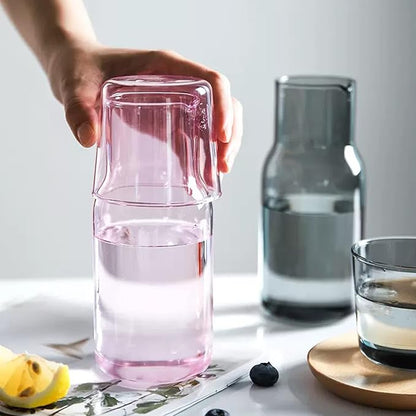 Bedside Carafe and Glass Cup, Bedside Water Carafe with Tumbler, 20oz Bedside Carafe with Cup for Guest Room Bathroom Living Room (A)