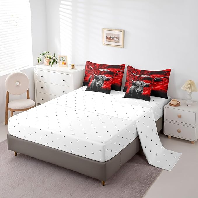 Erosebridal Highland Cow Comforter Set 7 Piece,Red Rose Bed in a Bag Twin,Western Bull Cattle Fitted Sheet,Romantic Rose Floral Quilt Set,Wild Animals Wildlife Bedding Set Farmhouse Bedroom Decor