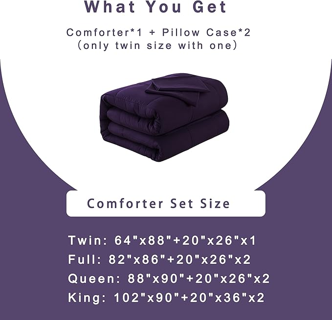DOWNCOOL Full Size Purple Bedding Comforter Set - All Season Down Alternative Quilted Comforter with 2 Pillowcases - 3 Pieces Set