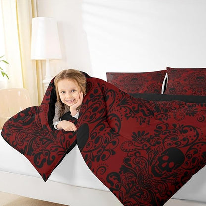Feelyou Adults Gothic Skull Bedding Set Queen Size Kids Damask Print Comforter Goth Bohemian Duvet Breathable Soft Lightweight Microfiber Black Red Room Decor with 2 Pillowcases