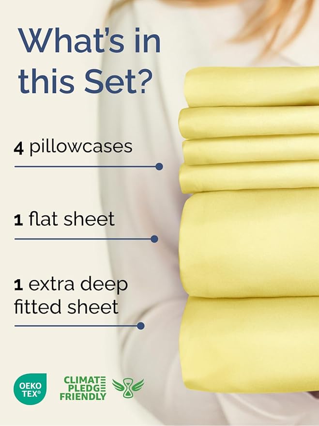Extra Deep Cal King Sheet Set - 6 Piece Breathable and Cooling Sheets - Hotel Luxury Bedding for Women, Men, Kids & Teens - Easy & Secure Fit - Soft, Wrinkle Free & Comfy - Extra Deep Pockets - Yellow