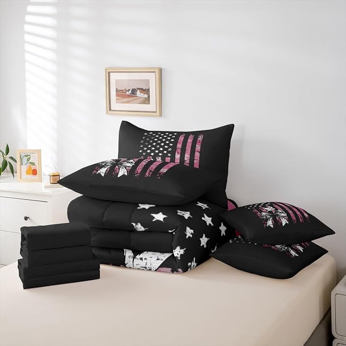 Erosebridal Camo King Comforter Set Bowknot 7-Piece Bed in A Bag Bow Military American Flag Pigeons Birds Sheets and Pillowcases Black White Pink Bed Sets