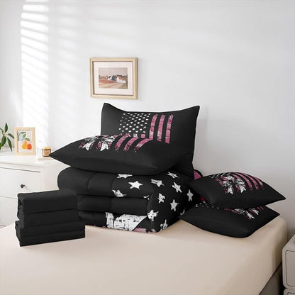 Erosebridal Camo King Comforter Set Bowknot 7-Piece Bed in A Bag Bow Military American Flag Pigeons Birds Sheets and Pillowcases Black White Pink Bed Sets