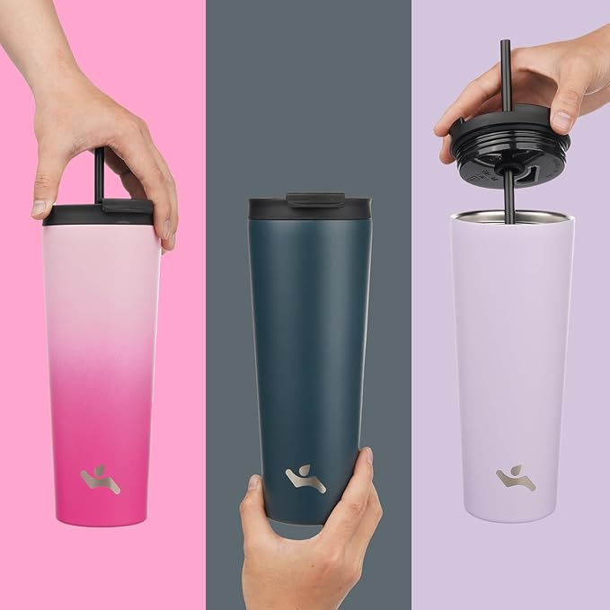 18 OZ Insulated Tumbler with Lid and 2 Straws Stainless Steel Water Bottle Vacuum Travel Mug Coffee Cup,Gray