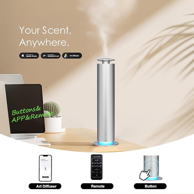 Waterless Essential Oil Diffuser, Long Lasting Aromatherapy Scent Diffuser for Home with Light Mode, 1000 Sq. Ft Coverage Quiet Oil Diffusers for Bedroom Safe for Kids&Pets, Silver