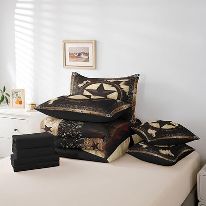 Erosebridal 7 Pcs Rustic Cow Comforter Set Twin Size,Western Texas Star Bed in a Bag with Flat Fitted Sheet for Cowboy Cowgirl,Cowhide Cow Print Bedding Set with Pillowcases and Cushion Cases