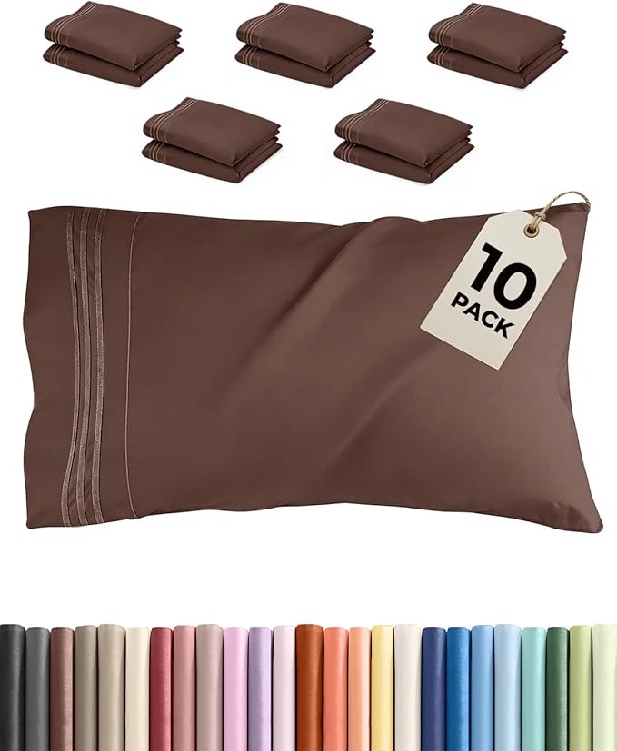 King Pillow Cases Set of 10 - Ultra Soft Hotel Quality Pillowcase Covers - Comfy & Wrinkle Free - Shrink, Stain and Fade Resistant - Easy-Care, Machine Washable Pillow Protectors - 10 Pcs Set - Brown