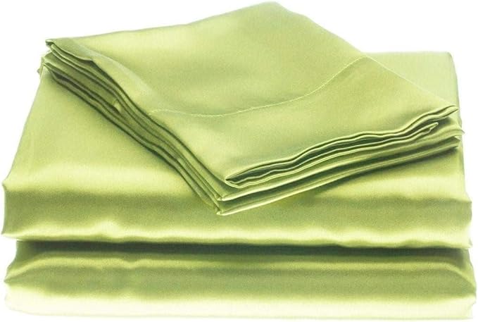 100% Pure Silk Satin Sheet Set 4pcs, Silk Fitted Sheet 15" Deep Pocket Mattress fit,Silk Flat Sheet&Silk Pillowcases Set Soft Silk Sheets|Wrinkle Free Sage, Queen