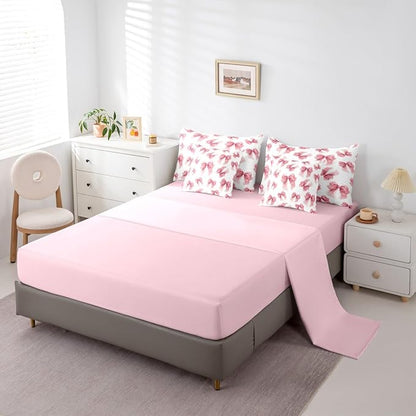 Erosebridal Pink Lace Bowknot Girls King 7-Piece Comforter Set | Cute Princess Ribbon Sheets and Pillowcases Kawaii Bow Kids Girly Bed in A Bag Women Teens Adults Bed Sets