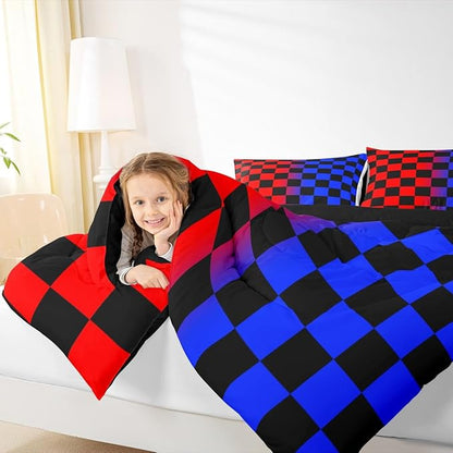 Checkered Kids Comforter Set Full Size Red Blue Plaid Bedding Set Cute Retro Neutral Checkerboard Geometric Duvet Quilt for Kids Boys Girls Bedroom Vintage Aesthetic Decor