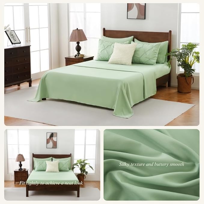 Sheet&Joy King Size Comforter Set, 7-Piece Bed in a Bag, Pintuck Bedding Set for All Season, Includes Comforter, Flat Sheet, Fitted Sheet, Pillowcases and Pillowshams, Olive Green