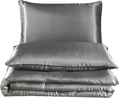 NTBED Silky Satin Comforter Set Queen Silver, Luxury Soft Microfiber Bedding Lightweight Sexy Wave Quilted Blanket Set with 2 Pillow Covers for Summer Spring Autumn