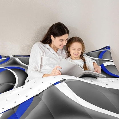 Castle Fairy Circle Comforter Set Twin Size for Boys Kids - Gray Black Blue Swirls Room Decor Abstract Stripes Teens Bedroom Retro Style Bedding Set with 1 Pillow Case - Lightweight Warm Soft