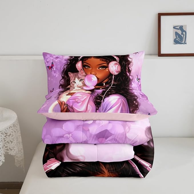 Manfei Black Princess Kids Comforter Set King Size,Cartoon Cat Cute Animal Pet Bedding Set,Girls Women Room Decor,African American Theme Girl Down Comforter,Purple Romantic Duvet Insert,2 Pillowcases