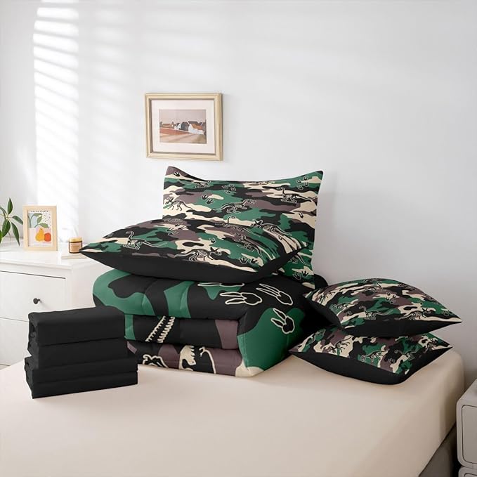 Erosebridal Army Camouflage 7 Piece Bedding Set King Camo Dino Comforter Set with Sheets 3D Vintage Hunting Theme Bed in a Bag Dinosaur Skeleton Farmhouse Green Bed Sets Comforter