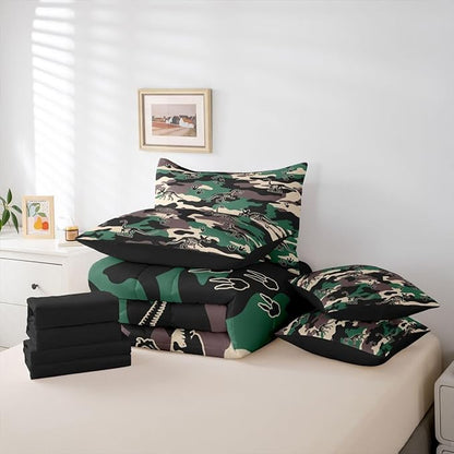 Erosebridal Army Camouflage 7 Piece Bedding Set Queen Camo Dino Comforter Set with Sheets 3D Vintage Hunting Theme Bed in a Bag Dinosaur Skeleton Farmhouse Green Bed Sets Comforter